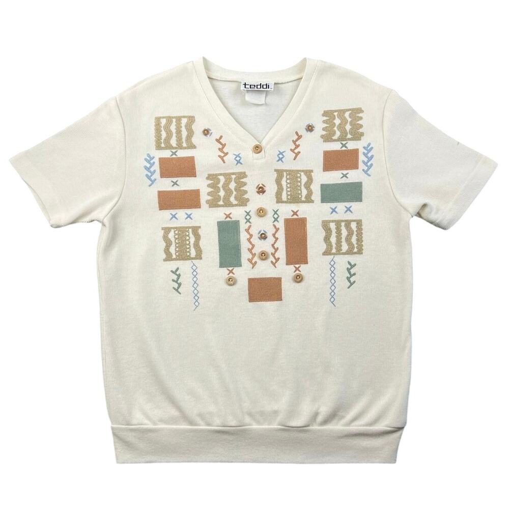 Vintage 90s Vintage Teddi Southwestern Embroidered Cream Short Sleeve Sweater L